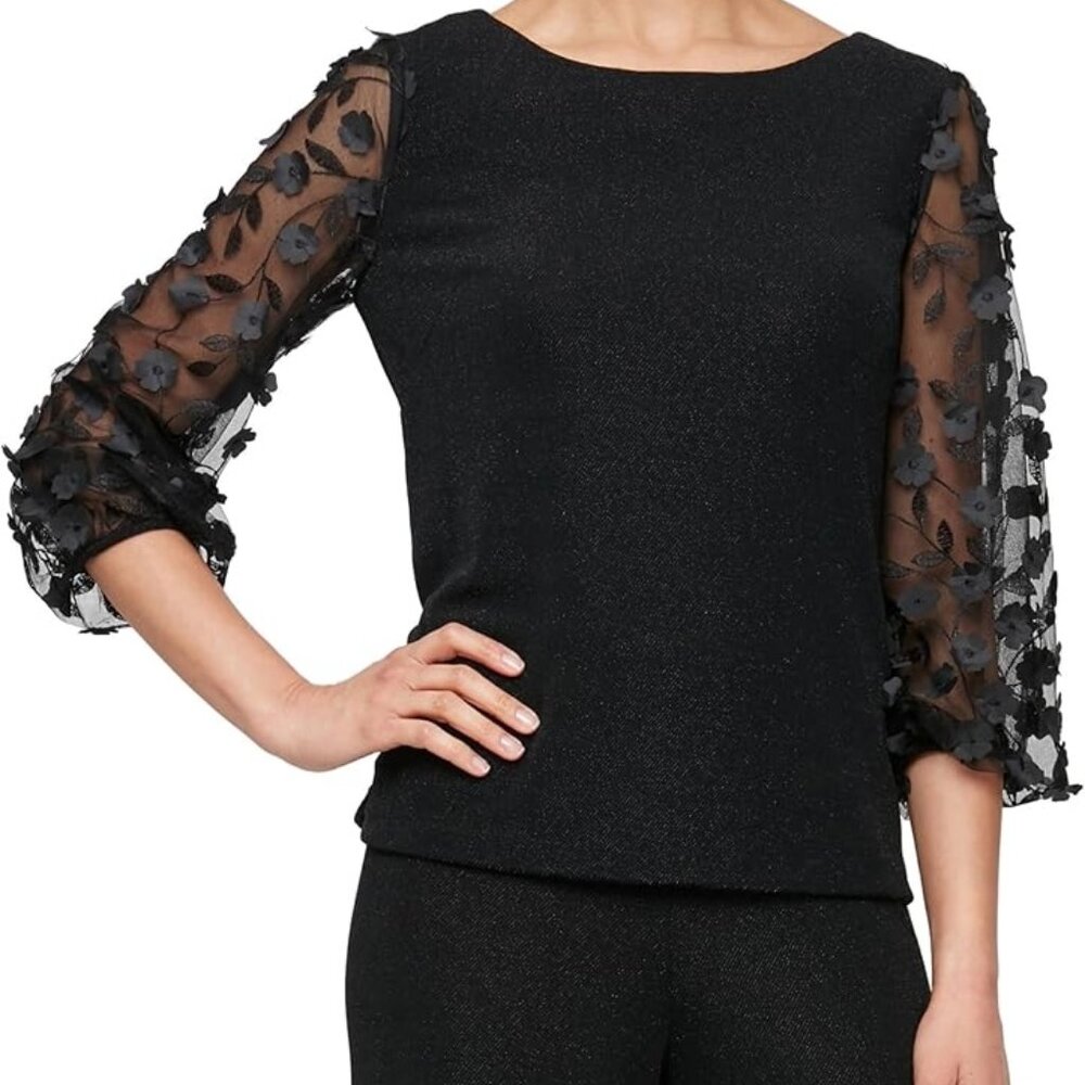 Alex Evening Black Metallic 3/4 3-d Flower illusion sleeves top, size L